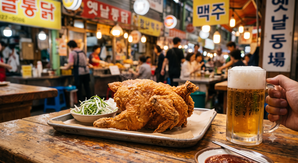 바삭한 옛날 통닭과 시원한 생맥주