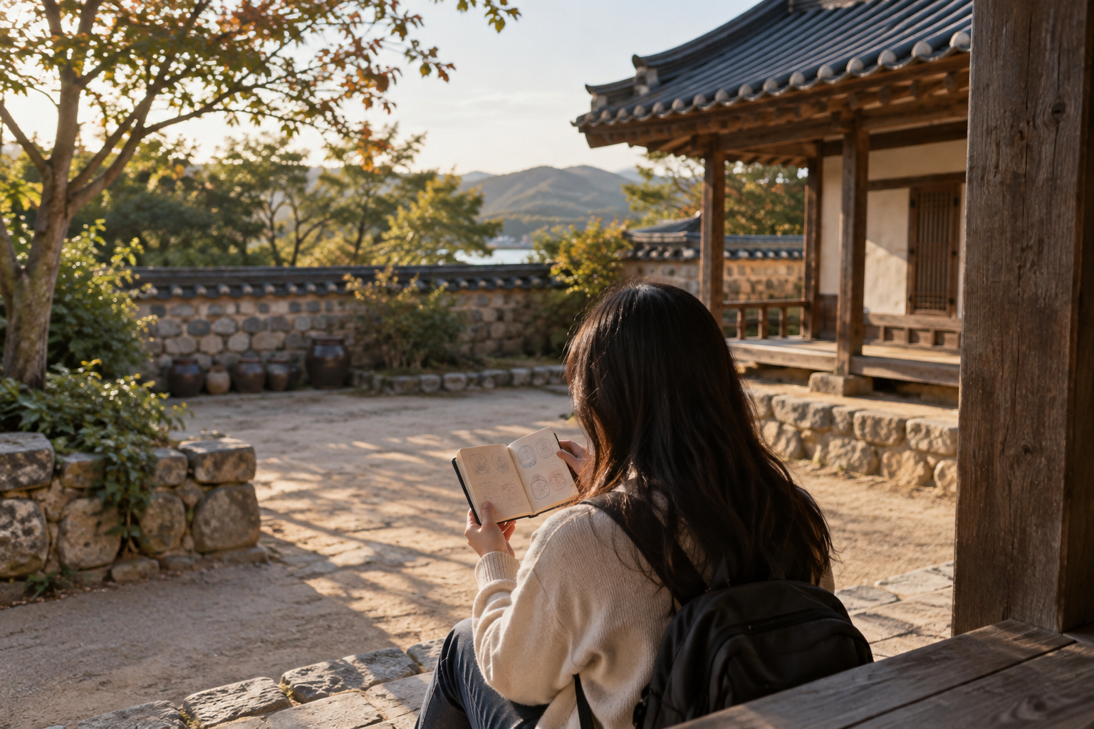 전통 건축을 배경으로 여행 도장 기록을 살펴보는 방문객