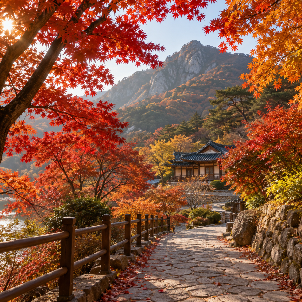 붉은 단풍과 내장산 능선 아래 자리한 가을 숙소 풍경