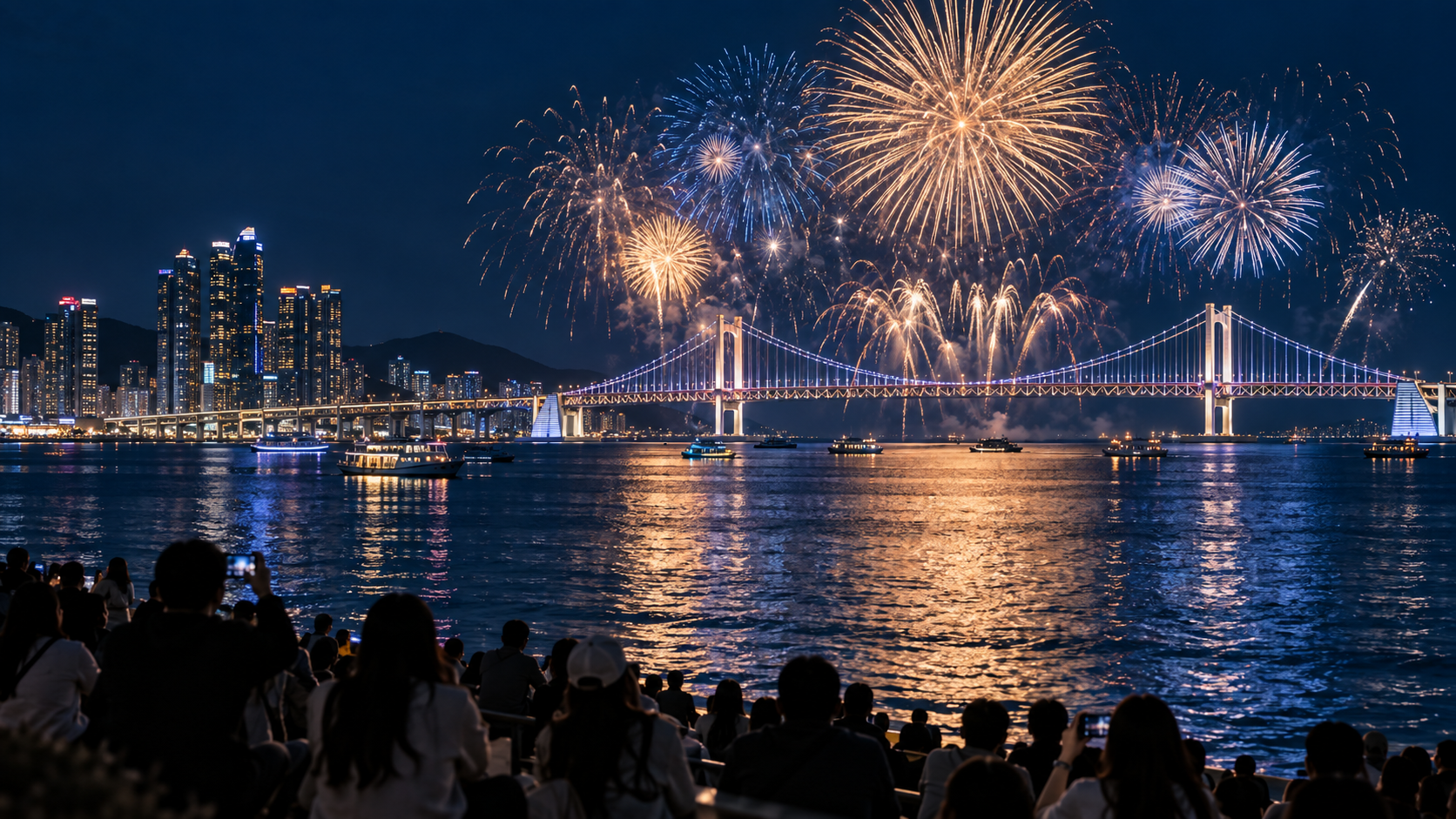 광안대교를 배경으로 펼쳐지는 부산불꽃축제 야경