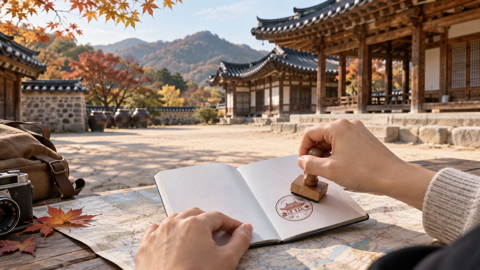 국가유산을 배경으로 방문자 여권에 스탬프를 찍는 여행자