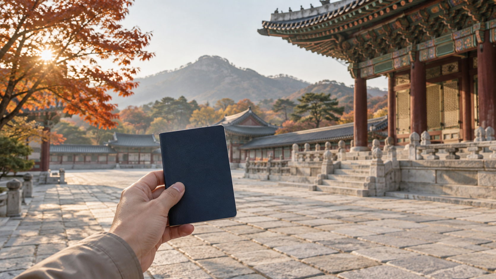 가을의 한국 전통 건축을 배경으로 작은 남색 여행 수첩을 들고 있는 모습