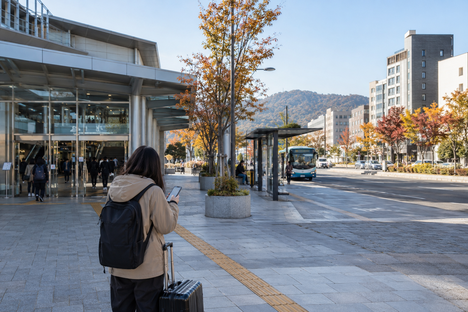 가을 국내 여행지에서 숙소와 산책 동선을 살펴보는 여행자