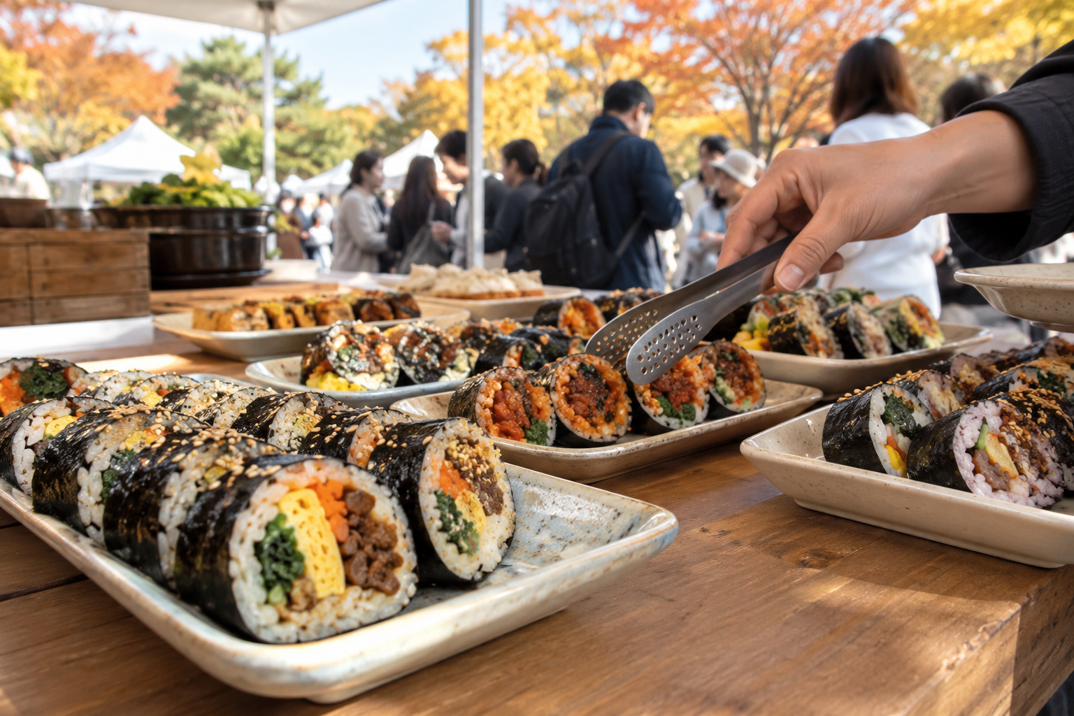 가을 축제 매대에 여러 종류의 김밥이 진열된 모습