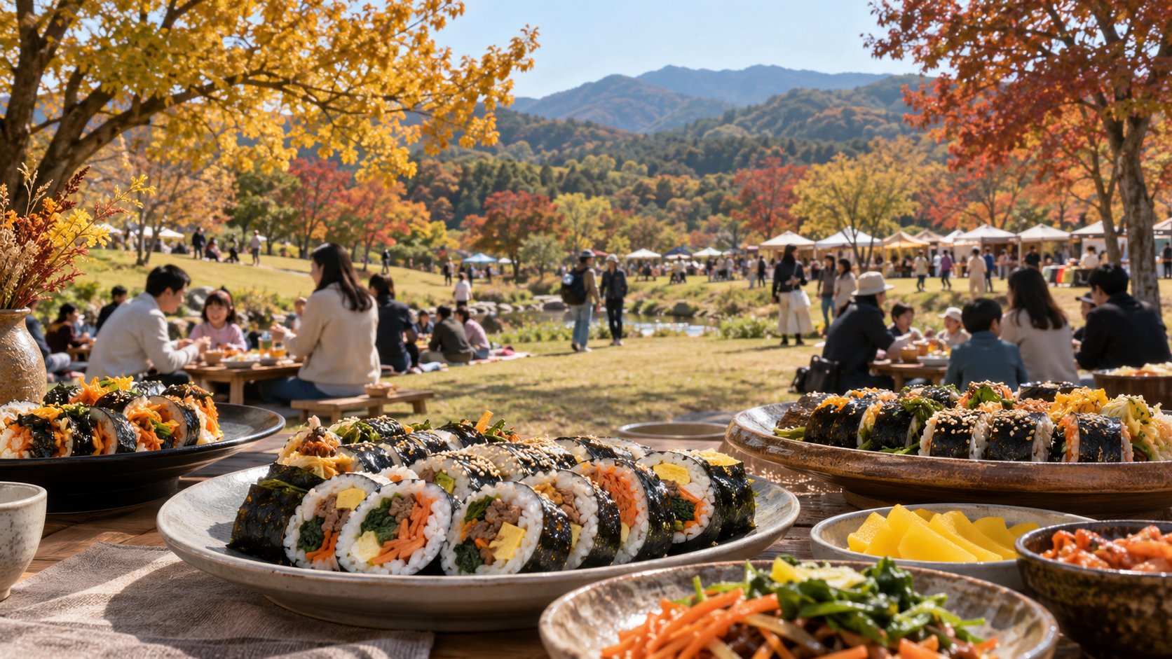 가을 공원에서 여러 종류의 김밥을 즐기는 축제 풍경