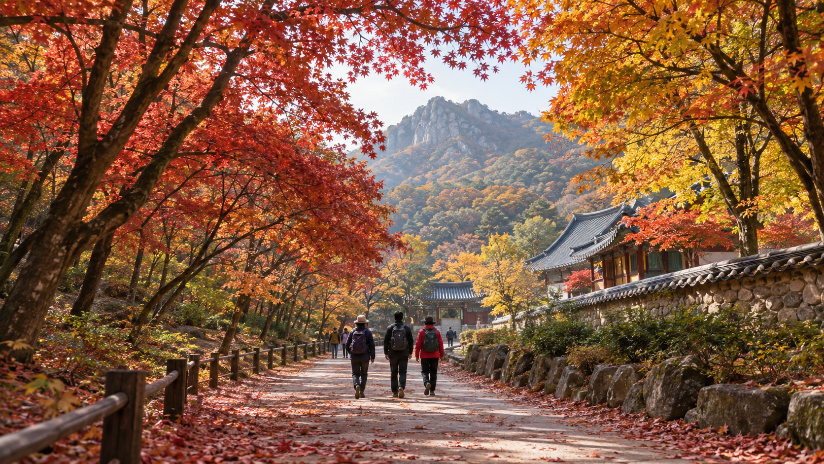 붉고 노란 단풍 사이 내장산 산책로를 걷는 가을 여행객