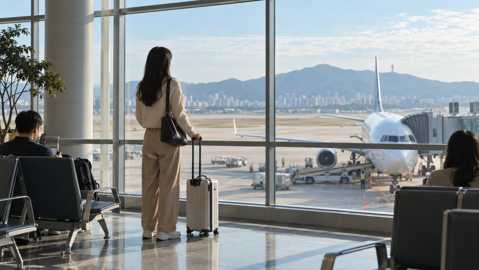 국내선 항공편 출발을 기다리는 공항 여행객
